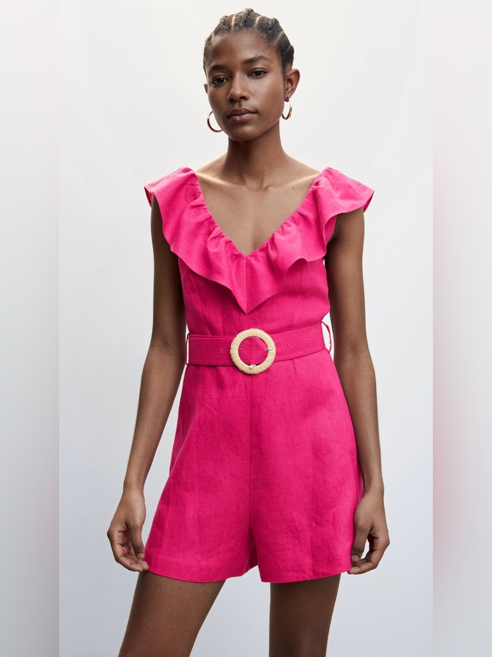 Mango Pink Linen Ruffle Romper with Matching Belt - Size XXS